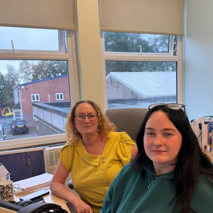 Tracy from TalkFIRST with Sophie from Wigan Borough Community First at a Digi Drop-In session in the TalkFIRST office
