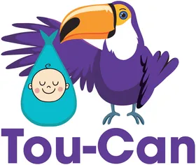 Tou-Can, a purple toucan carrying a baby